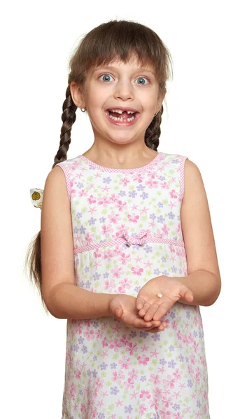 Lost tooth girl portrait, studio shoot on white background — Stock Photo, Image