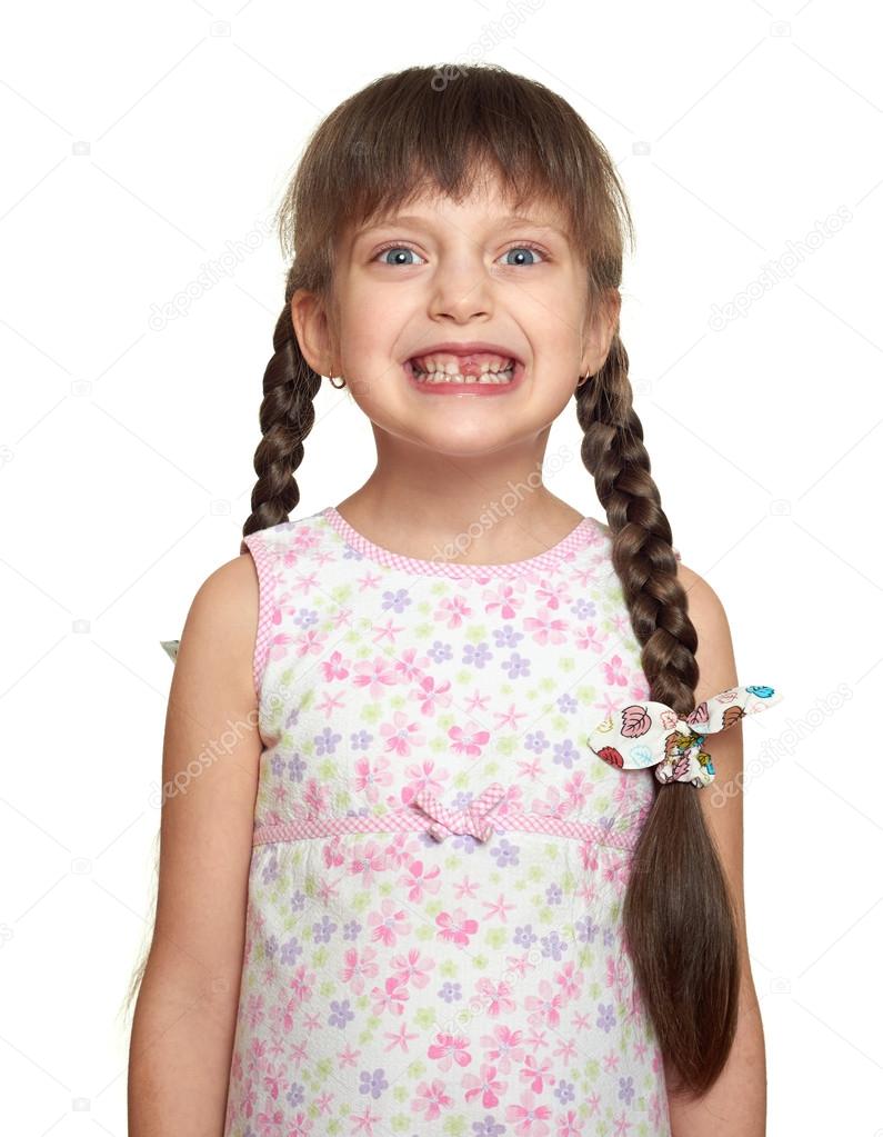 lost tooth girl portrait, studio shoot on white background
