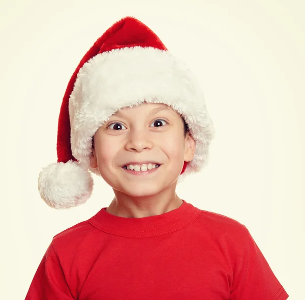 Αγόρι στο santa βοηθός καπέλο πορτρέτο - χειμερινών διακοπών Χριστουγέννων έννοια — Φωτογραφία Αρχείου