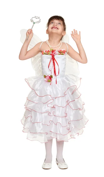 Tooth fairy girl dressed in white with wings — Stock Photo, Image