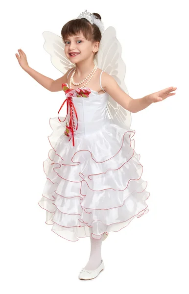 Tooth fairy girl dressed in white with wings — Stock Photo, Image