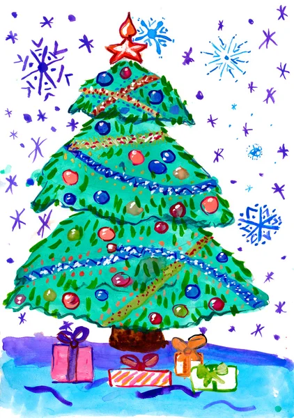 圣诞枞树与雪，水彩纸上绘画 — 图库照片