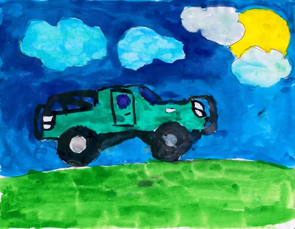 Coche en el prado y el sol, pintura acuarela infantil — Foto de Stock