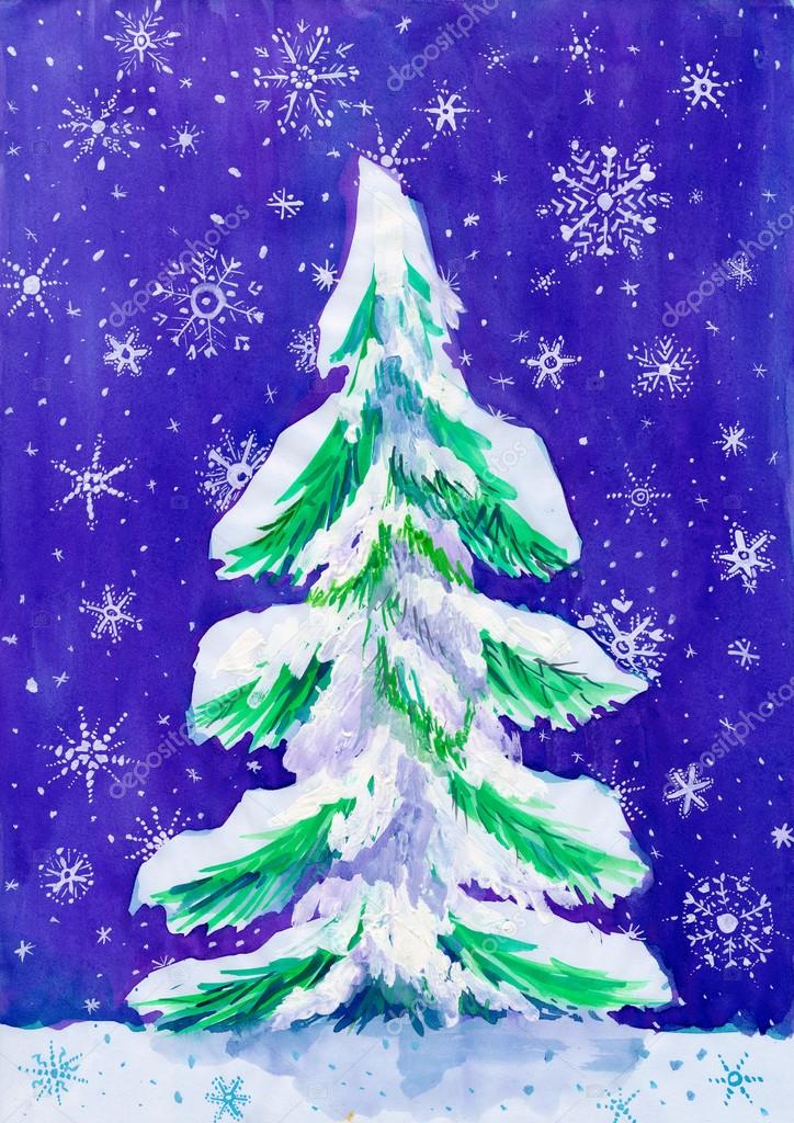 christmas fir tree with snow on dark, watercolor painting on paper