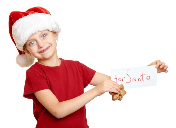 Κορίτσι με το καπέλο santa με τα cookies - χειμερινών διακοπών Χριστουγέννων έννοια — Φωτογραφία Αρχείου
