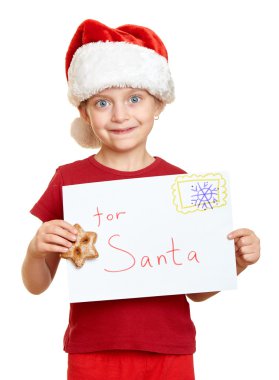 santa - kış tatil Noel kavramı mektup ile kırmızı şapkalı kız