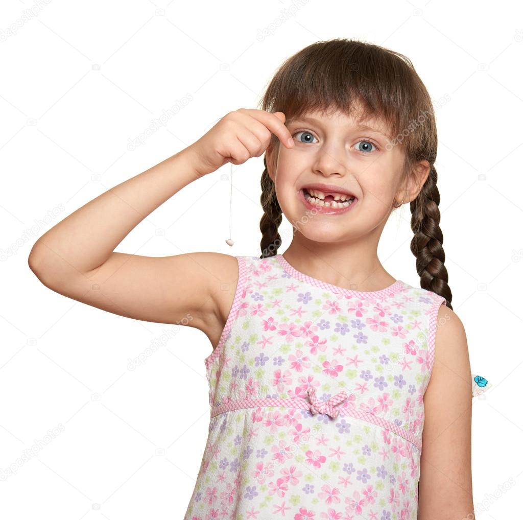 lost tooth girl portrait, studio shoot on white background