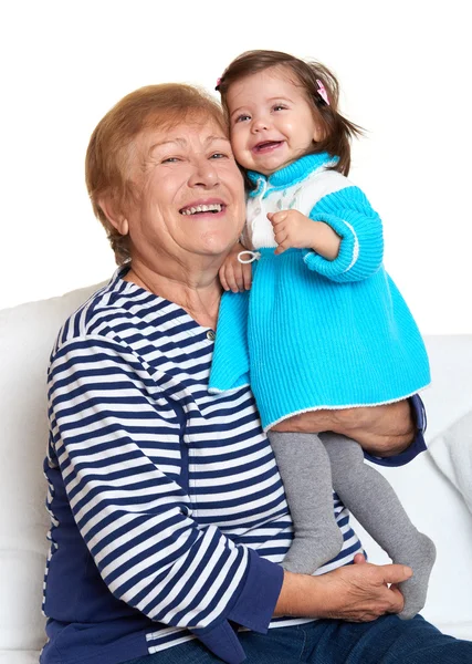 Kislány és a nagymama és a fehér, boldog családi koncepció portréja — Stock Fotó