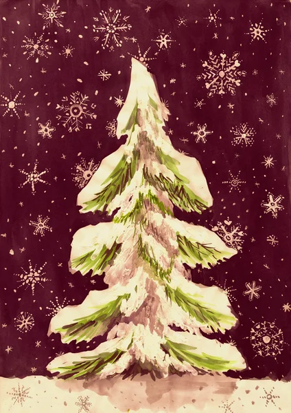 Christmas fir tree with snow on dark, watercolor painting on paper — Stock Photo, Image