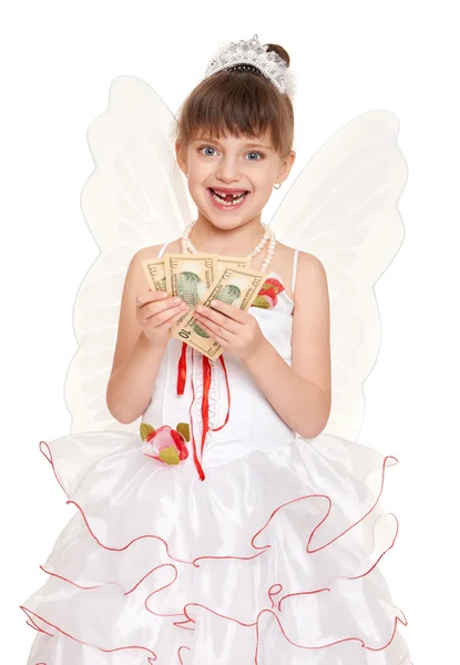 Lost tooth child dressed as tooth fairy with gifts and money — Stock Photo, Image