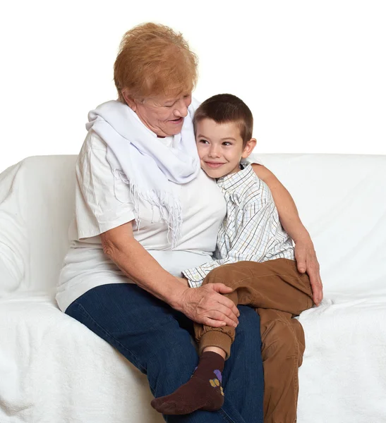 Child boy and grandmother on white, happy family concept — Stock Photo, Image