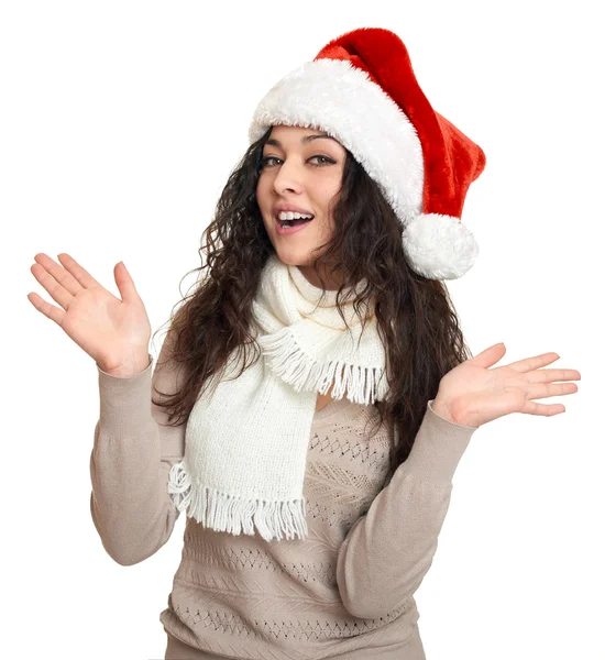 在圣诞老人的助手帽子上白色构成美丽的年轻女子肖像 — 图库照片