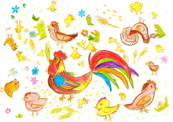 Kury i pisklęta, tło ilustracja, rysunek na papierze ołówkiem — Zdjęcie stockowe