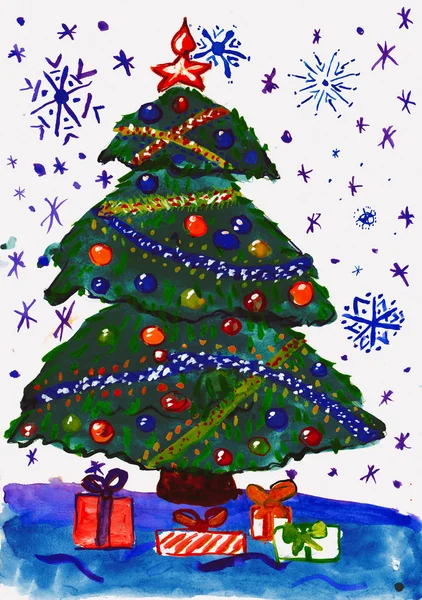 Kar, boyama kağıt suluboya ile Noel köknar ağacı — Stok fotoğraf