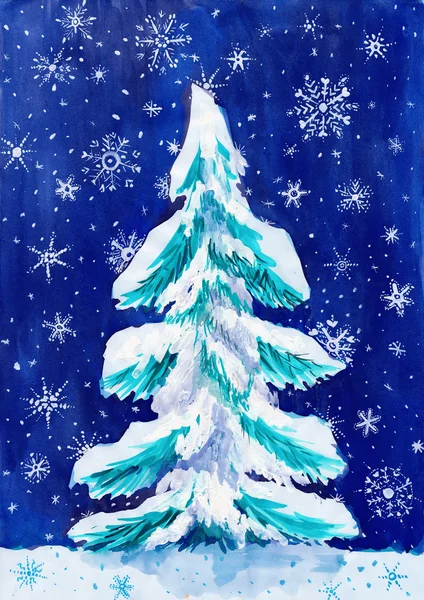 Christmas fir tree with snow on dark, watercolor painting on paper — Stock Photo, Image