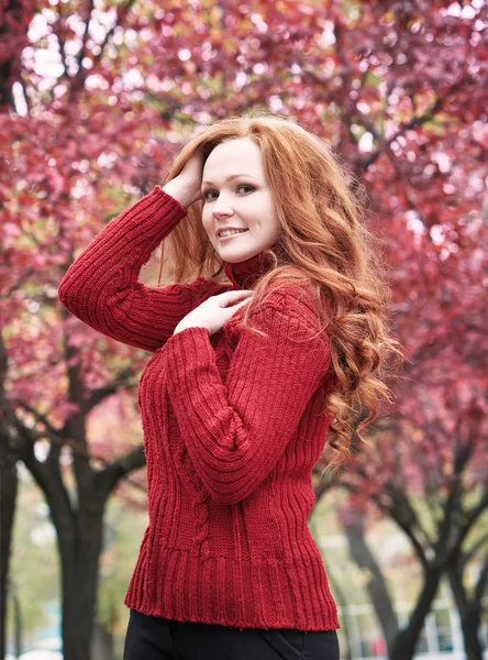 Rossa ragazza nel parco della città su sfondo albero rosso, stagione autunnale — Foto Stock