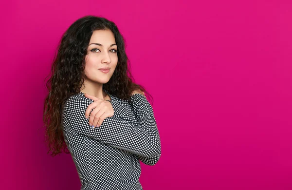 Beautiful girl glamour portrait on pink, long curly hair — Stock Photo, Image