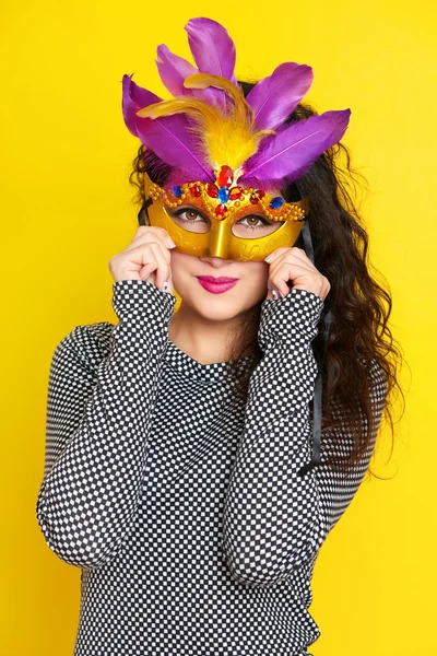 Beautiful woman in carnival mask, holiday fashion girl portrait — Stock Photo, Image