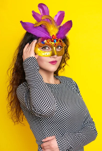 Beautiful woman in carnival mask, holiday fashion girl portrait — Stock Photo, Image