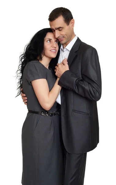 Retrato de pareja feliz en el estudio vestido con ropa clásica —  Fotos de Stock