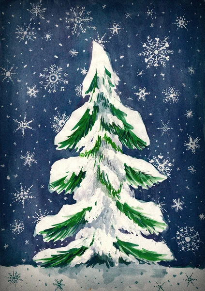 Christmas fir tree with snow on dark, watercolor painting on paper — Stock Photo, Image