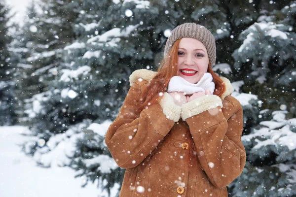 Jovem mulher no inverno e abetos nevados — Fotografia de Stock