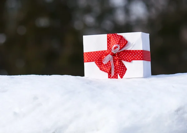 Geschenkbox mit roter Schleife auf Schnee im Winterwald. ein Objekt. Weihnachtsferien-Konzept. — Stockfoto