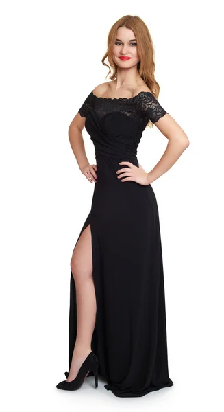 Girl in black gown on white — Stock Photo, Image