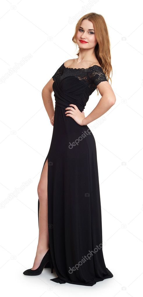 woman in black gown on white