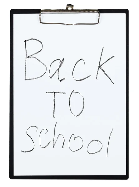 Clipboard and paper sheet with pencil drawing back to school, isolated object — Stock Photo, Image