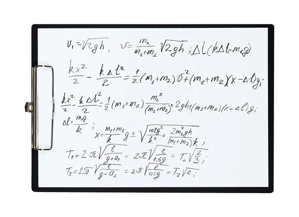 Clipboard and paper sheet with pencil drawing high math exercise, isolated object — Stock Photo, Image