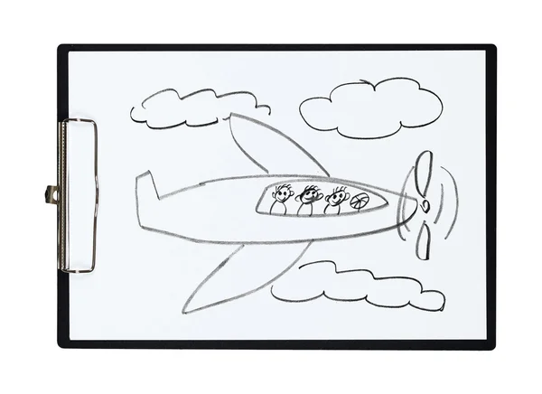 Clipboard and paper sheet with pencil drawing airplane and children, isolated object — Stock Photo, Image