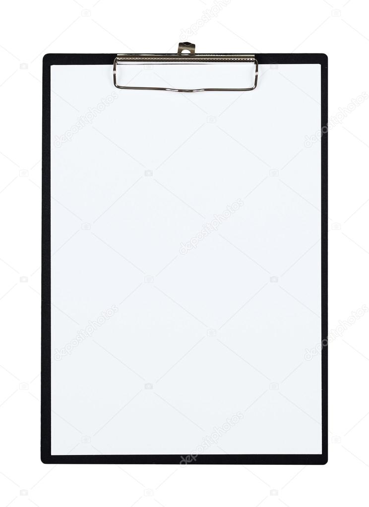Clipboard with blank paper sheet isolated object