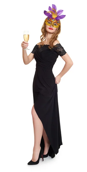 Young woman in black gown on white. Wineglass champagne in hands. — Stock Photo, Image