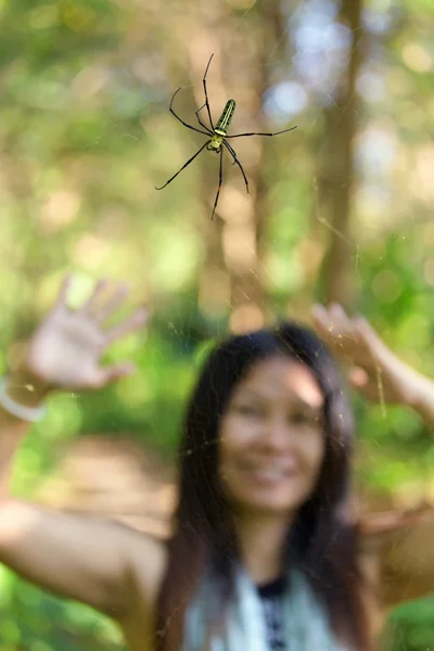 Aranha surpreendendo uma mulher — Fotografia de Stock