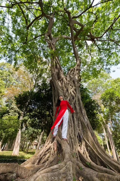 Aziatische vrouw in een vijgenboom — Stockfoto