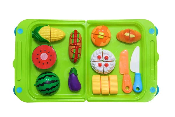 Продукты питания и фрукты игрушки изолированы на белом — стоковое фото