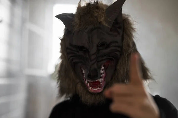 2020 Concepto Halloween Con Traje Máscara Lobo Hombre Asustadizo Con — Foto de Stock