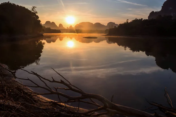 Morning sunrise view of Nong Thale swamp reservior in Krabi, Thailand. Beautiful natural landscape. Famous travel destination in Thai southern.