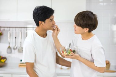 LGBT Asyalı yakışıklı adam salatayı yedikten sonra dudağını peçeteyle siliyor. Romantik, sevimli eşcinsel çift birlikte sağlıklı yiyecekler yiyor. Evde de aynı cinsiyetten aile..
