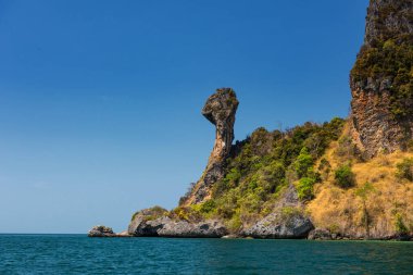 Koh Gai, Kai veya Hua Khwan olarak da bilinen tavuk adası Tayland 'ın Krabi Eyaleti' ndeki andaman Denizi 'nde mavi gökyüzüne karşı. Tropikal yaz deniz manzarasının ünlü simgesi.