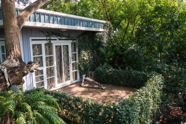 Balkon verandasında yeşil çevreye sahip egzersiz ekipmanları var. Evin dışı yeşil bahçe dekorasyonuyla kaplı..