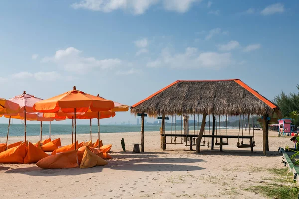 Orange Beanbag Seats Parasol Beach Wooden Cabin Hanging Chairs Sea — Stock Photo, Image