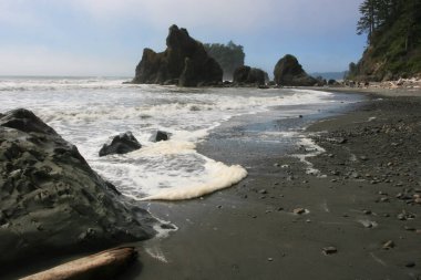 Hareket, ABD 'nin Washington eyaletindeki Olimpiyat Ulusal Parkı yakınlarındaki Ruby Beach' teki doğal taş kemerinden geçiyor. Manzaralı manzarada ünlü seyahat yeri ya da tatilci.