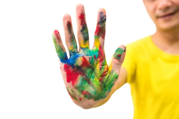 Männerhand Mit Mehrfarbiger Farbe Beschmiert Isoliert Auf Weißem Hintergrund Typen — Stockfoto