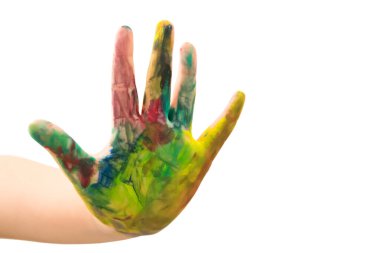 boy's hand, smeared with multicolored paint isolated on white background. kid show colorful hand painting. Hi five gesture.