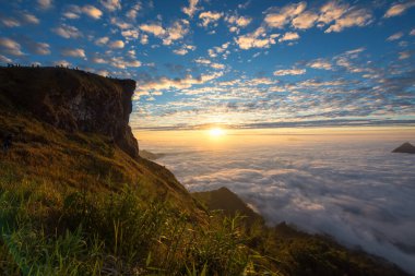 Beautiful landscape of mountain peak cliff with sea of fog of Phu Chi Fa National Park at sunrise in Chiang Rai, Thailand. Famous travel destination to see morning light in Northern of Thai at winter.