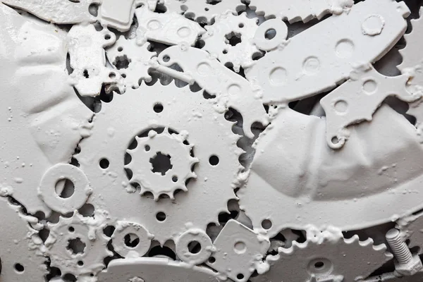 Closeup Metal Gears Machine Parts Painted White Color Steampunk Textured — ストック写真