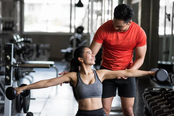 Personal Trainer Boyfriend Coach Dumbbell Exercise Set Arm Position Asian — Foto de Stock