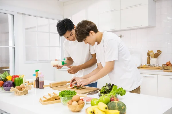 Jovem Casal Lgbt Asiático Juntos Cozinhar Sanduíche Por Colocar Presunto — Fotografia de Stock